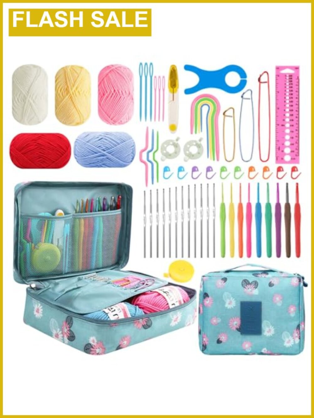 58pc Crochet Kit for Beginners Ergonomic Hooks Yarn Travel Case